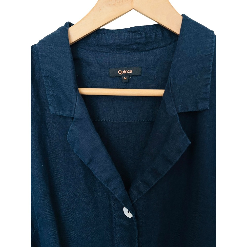 Quince 100% European Linen Button Front Dress M Deep Navy Belted Midi - Picture 4 of 10